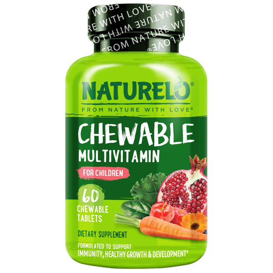 NATURELO envase frontal del multivitamínico infantil con mezcla orgánica, apoyo nutritivo claro