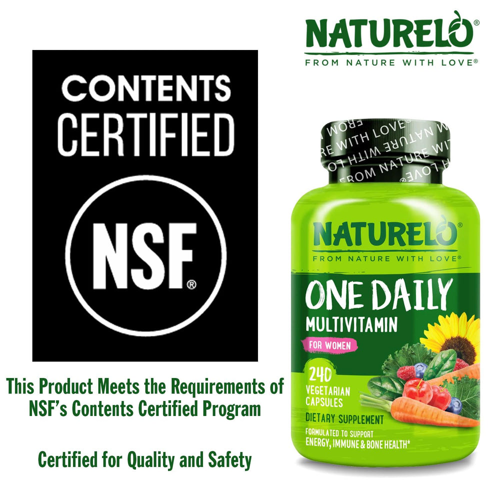 NATURELO etiqueta con lista de vitaminas activas y beneficios visibles
