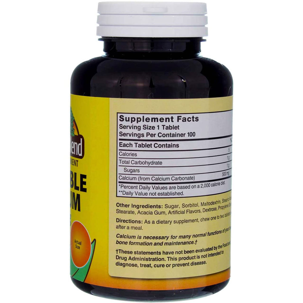 Etiqueta de Nature's Blend con información de calcio 500 mg y sin gluten