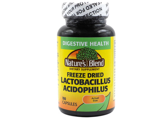 Nature's Blend Lactobacillus Acidophilus en botella, apoyo potencial para la salud digestiva diaria.