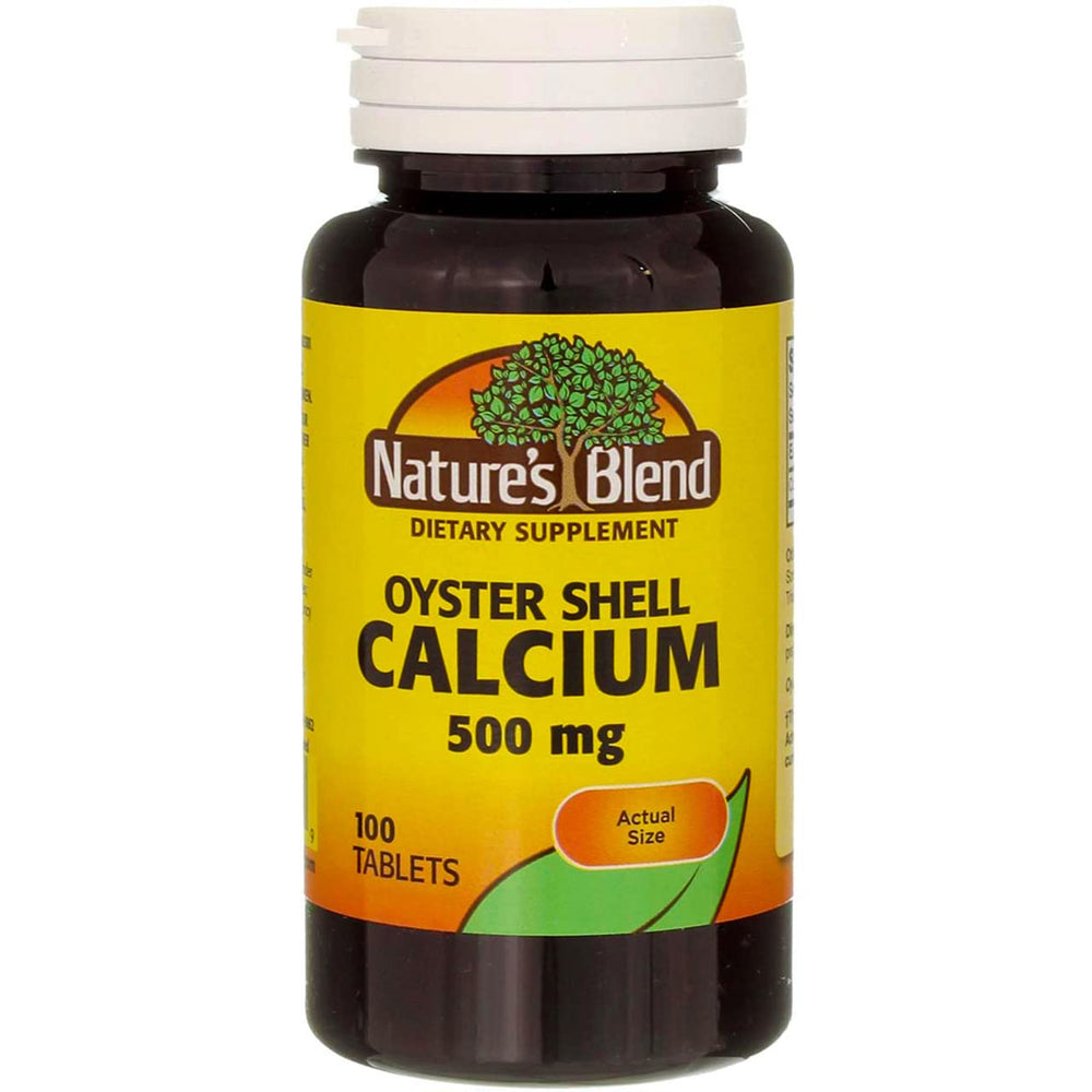Nature's Blend oyster shell calcium tablets front label view for easy daily calcium intake.