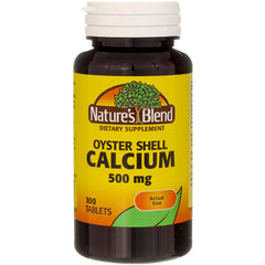 Nature's Blend oyster shell calcium tablets front label view for easy daily calcium intake.