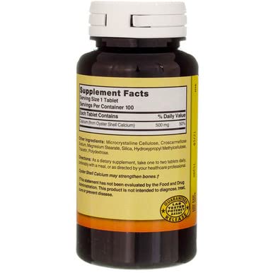 Nature's Blend oyster shell calcium 500 mg tablets daily-use setup on shelf.