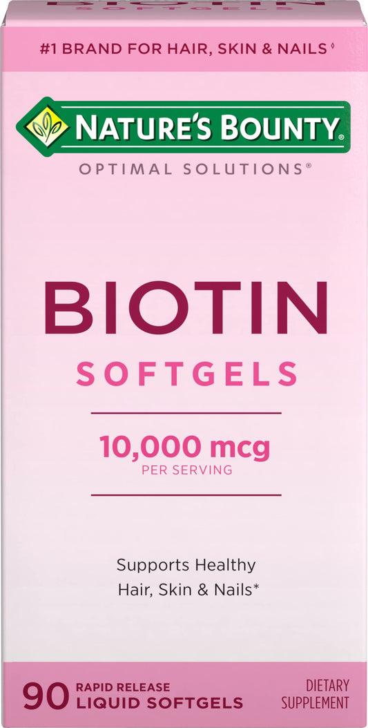 Nature's Bounty frasco frontal mostrando 90 softgels y dosis 10000 mcg