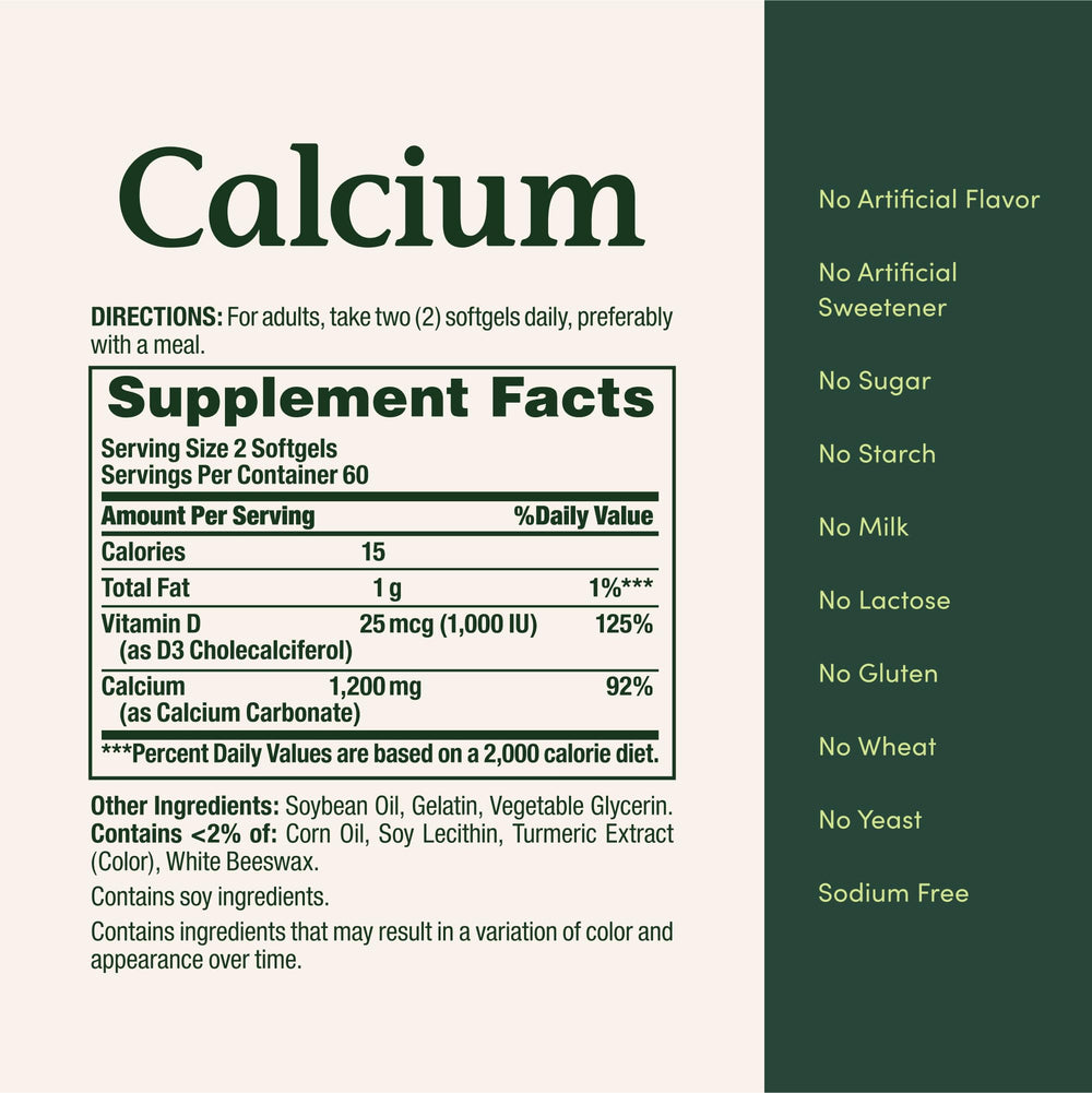 Nature's Bounty etiqueta nutricional enfocada en calcio 1200 mg y vitamina D3