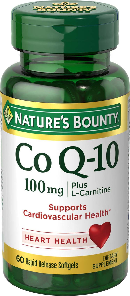 Nature's Bounty CoQ10 + L-Carnitina, botella visible, posible apoyo a la energía diaria