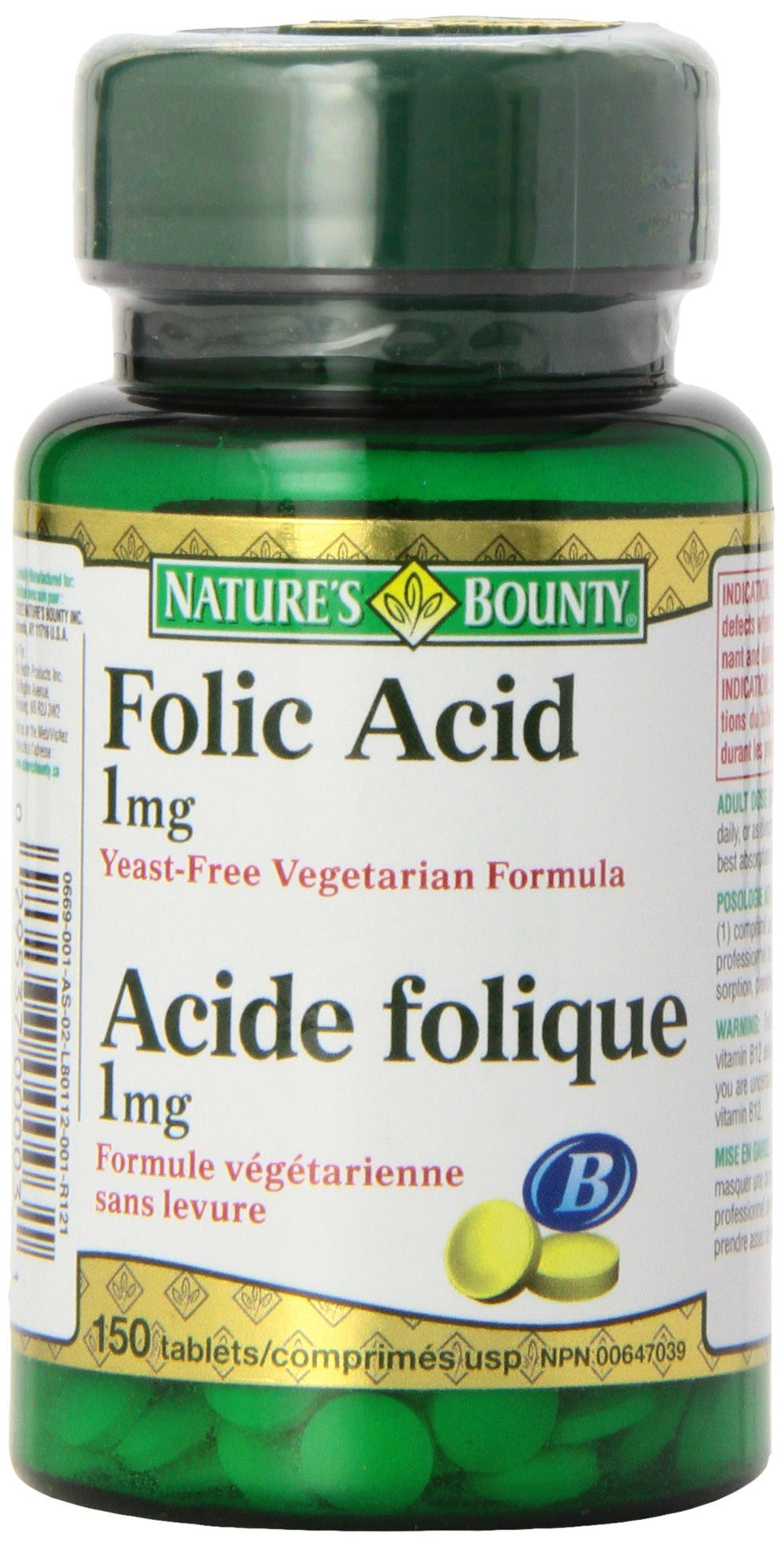 Nature's Bounty frasco frontal mostrando etiqueta clara y beneficio de folato