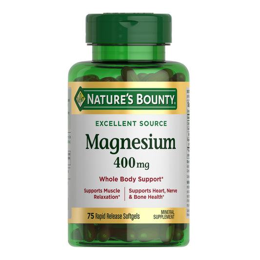 Nature's Bounty envase frontal de magnesio 400 mg con información clara