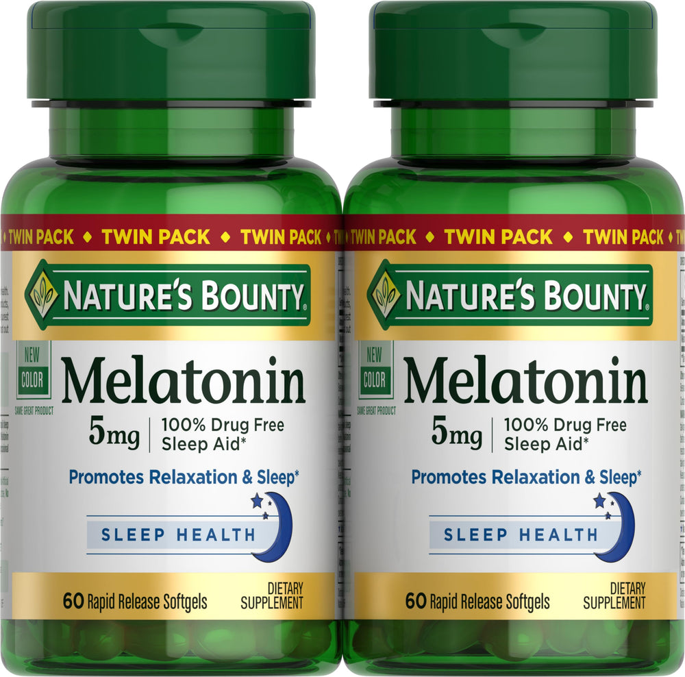 Nature's Bounty frasco frontal mostrando melatonina 5 mg y beneficio descanso