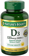 Nature's Bounty envase frontal de vitamina D3 5000 IU con información clara