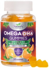 Nature's Choice frasco frontal de gominolas omega‑3 muestra el envase claro y cantidad