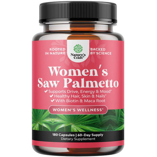 Natures Craft envase frontal mostrando saw palmetto y beneficios capilares