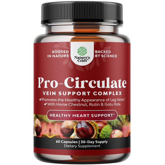 Natures Craft Vein Support bottle closeup showing vegan capsules for leg comfort