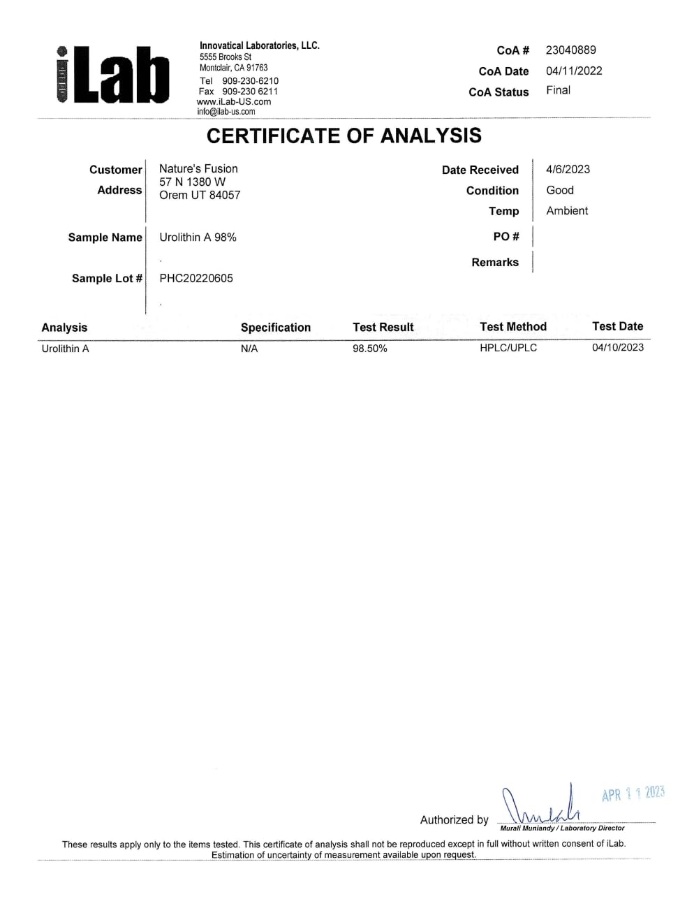 Nature's Fusions etiqueta con información y certificaciones, verificación de pruebas externas