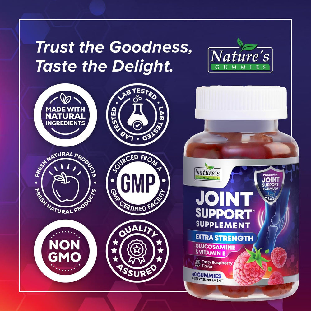 Nature's Gummies etiqueta con glucosamina extra fuerte y datos de calidad