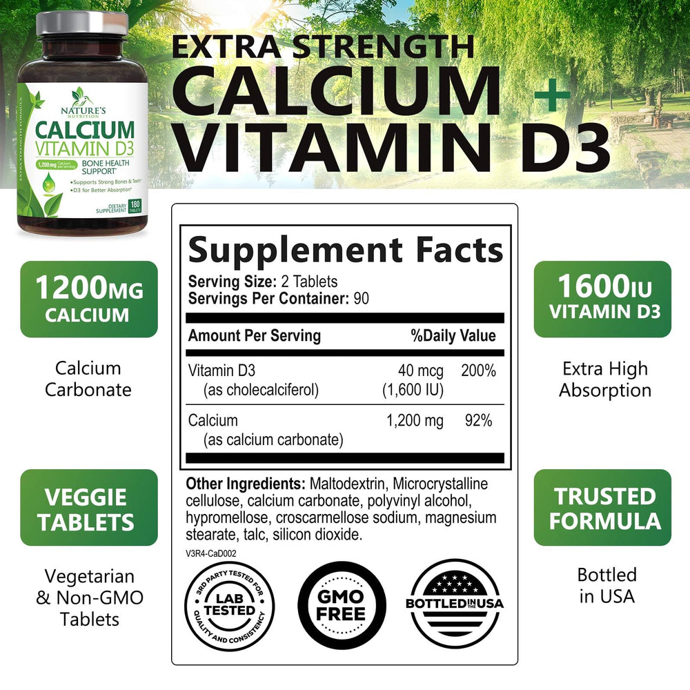 Nature's Nutrition calcio 1200 mg con D3, mejor absorción para huesos y músculos.