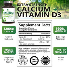 Nature's Nutrition calcio 1200 mg con D3, mejor absorción para huesos y músculos.