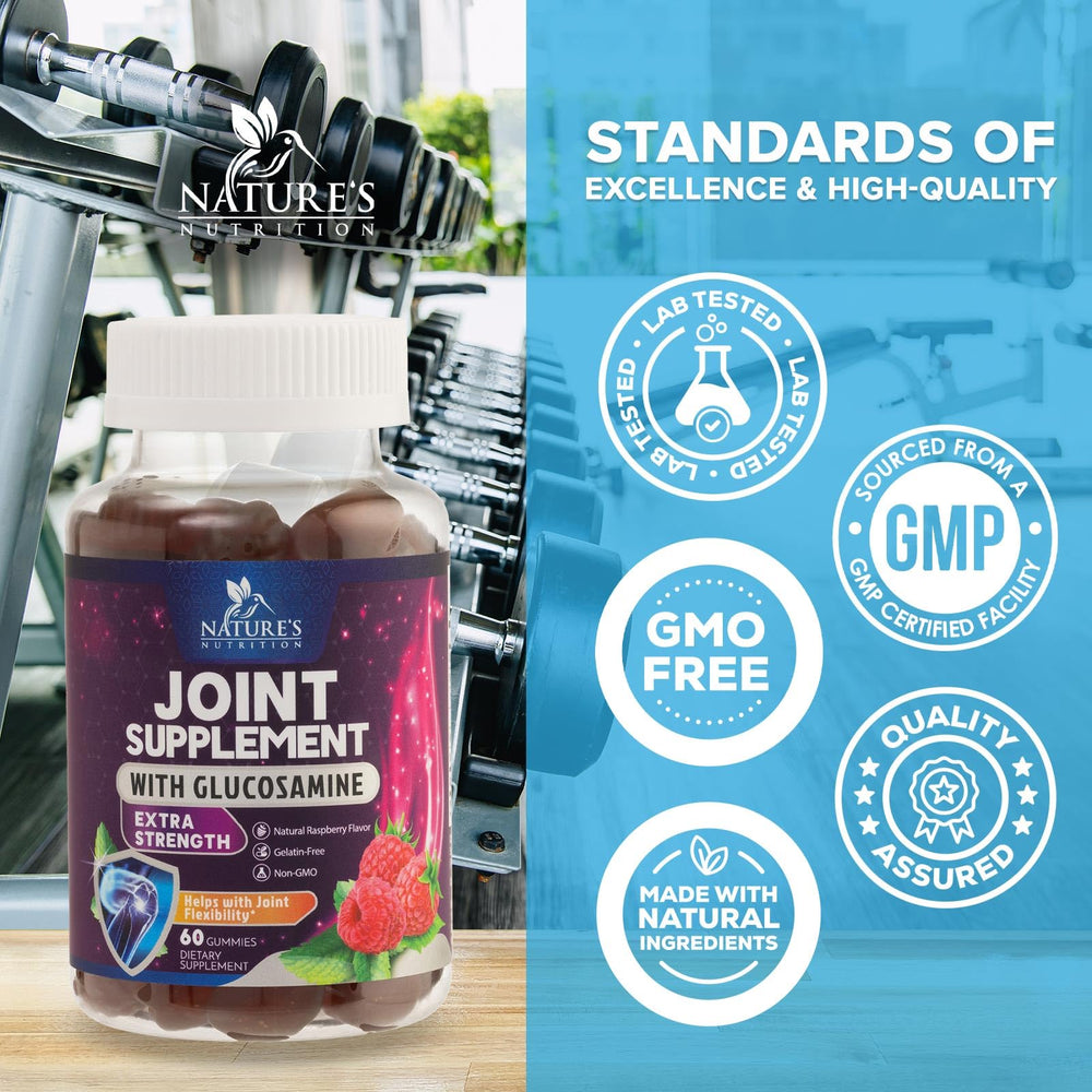 Nature's Nutrition etiqueta frontal que destaca glucosamina y vitamina E