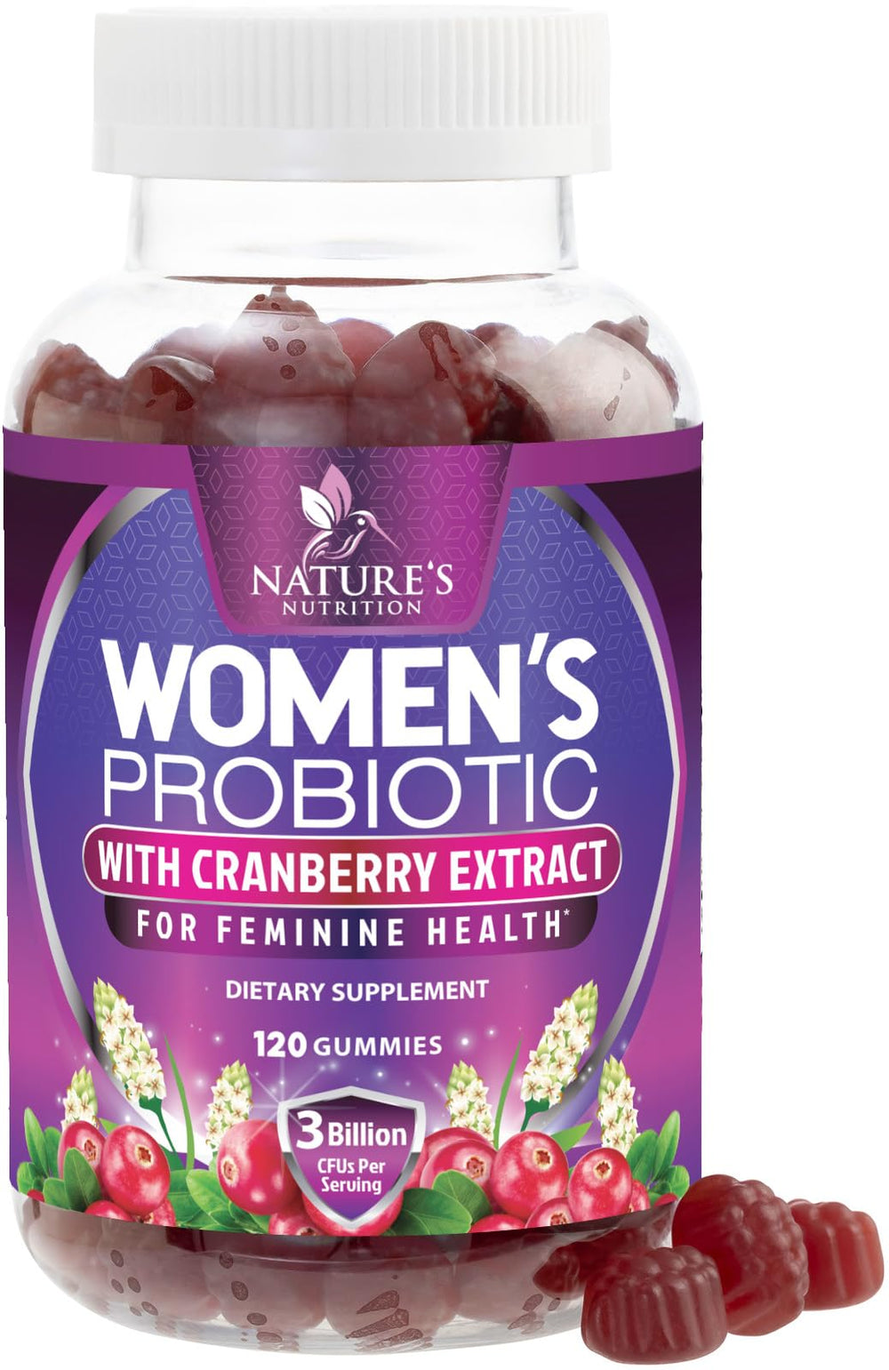 Nature's Nutrition frasco frontal que muestra 120 gominolas y facilidad de uso