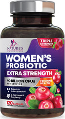 Nature's Nutrition bote frontal mostrando 120 cápsulas y beneficio de soporte femenino