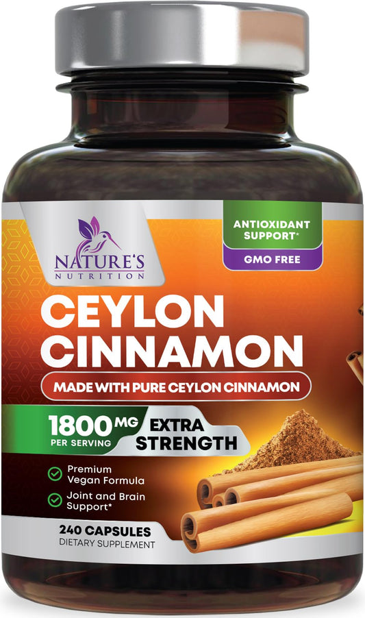 Nature's Nutrition botella frontal de canela Ceylán orgánica mostrando tamaño y etiqueta