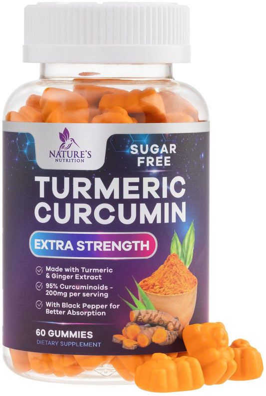 Nature's Nutrition envase frontal de gomitas Turmeric Curcumin muestra beneficios
