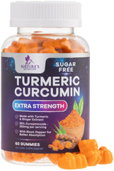 Nature's Nutrition envase frontal de gomitas Turmeric Curcumin muestra beneficios
