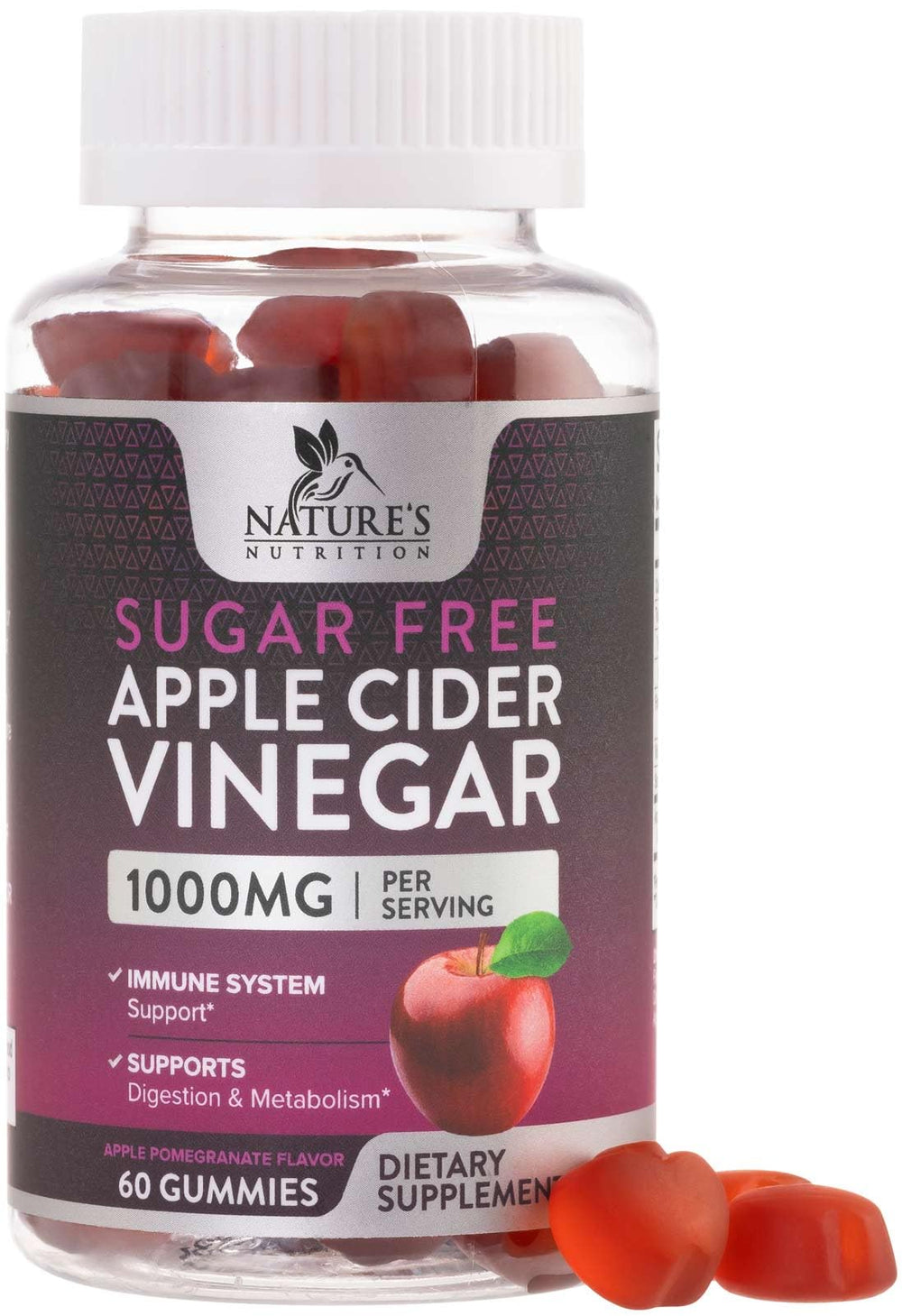Nature's Nutrition frasco frontal de gomitas de vinagre de manzana sin azúcar mostrando diseño claro