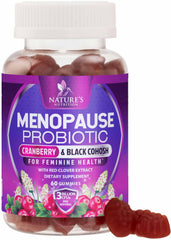 Nature's Nutrition frasco frontal mostrando Menopause Probiotic Gummies y beneficios