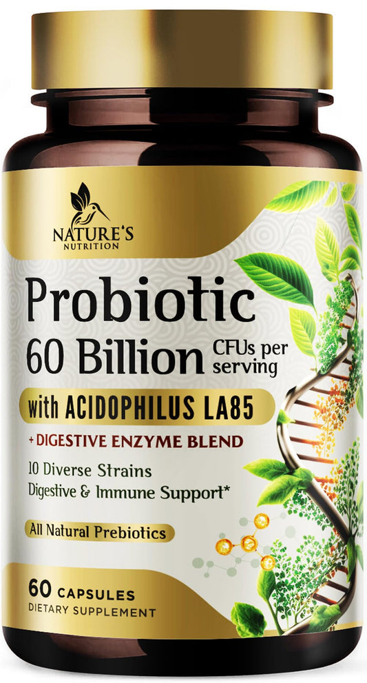 Nature's Nutrition Probiotics: botella con 60 mil millones de CFU para la salud digestiva.