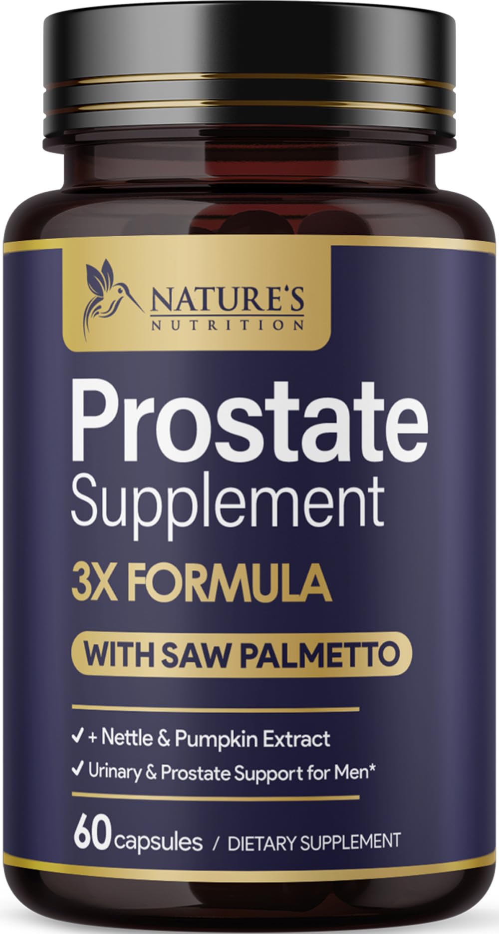Nature's Nutrition botella frontal mostrando la etiqueta y beneficios visibles