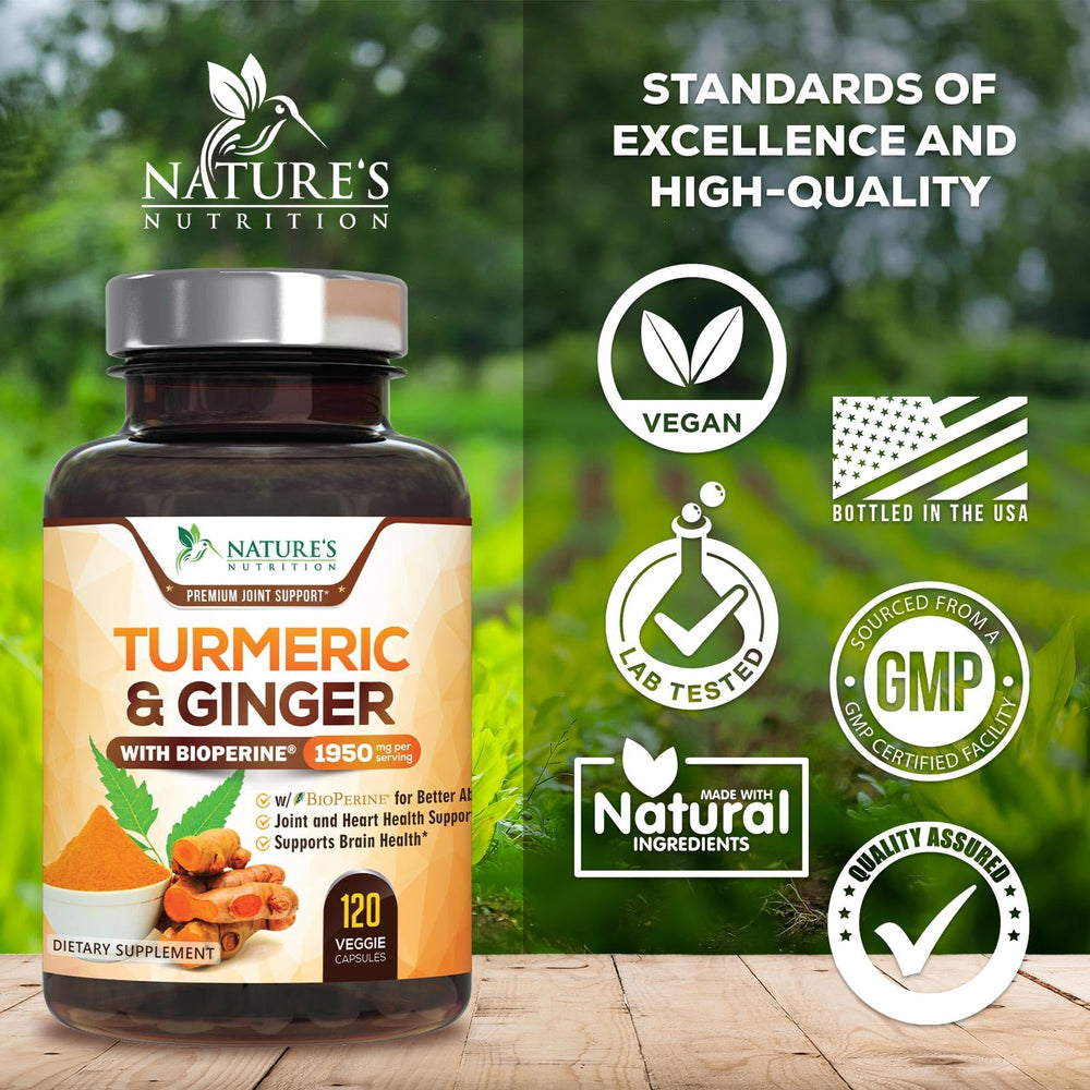 Ingredientes de Nature's Nutrition: cúrcuma, jengibre y BioPerine juntos en cucharas