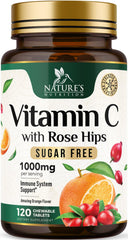 Nature's Nutrition envase frontal de vitamina C masticable, práctico y sin azúcar