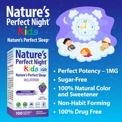Nature's Perfect Night Kids tabletas masticables en mano, fácil administración infantil