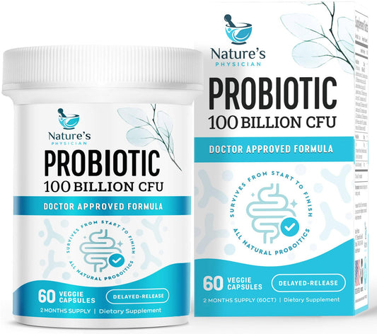 Nature's Physician empaque frontal mostrando dosis y cepas beneficiosas
