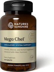 Nature's Sunshine envase frontal de Mega-Chel mostrando 120 tabletas y confianza de marca