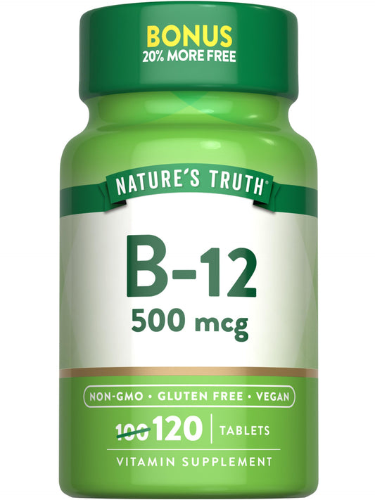Nature's Truth frasco frontal mostrando etiqueta y 120 tabletas como beneficio de suministro prolongado