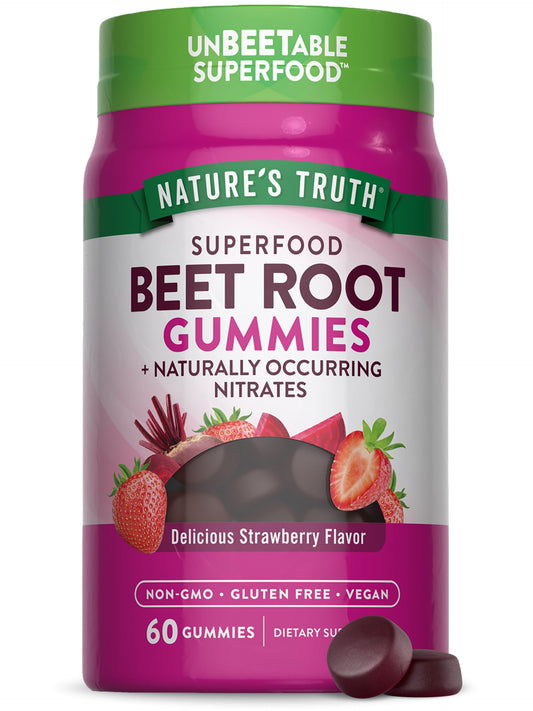 Nature's Truth Beet Root Gummies bottle with strawberry flavor and vegan formula.