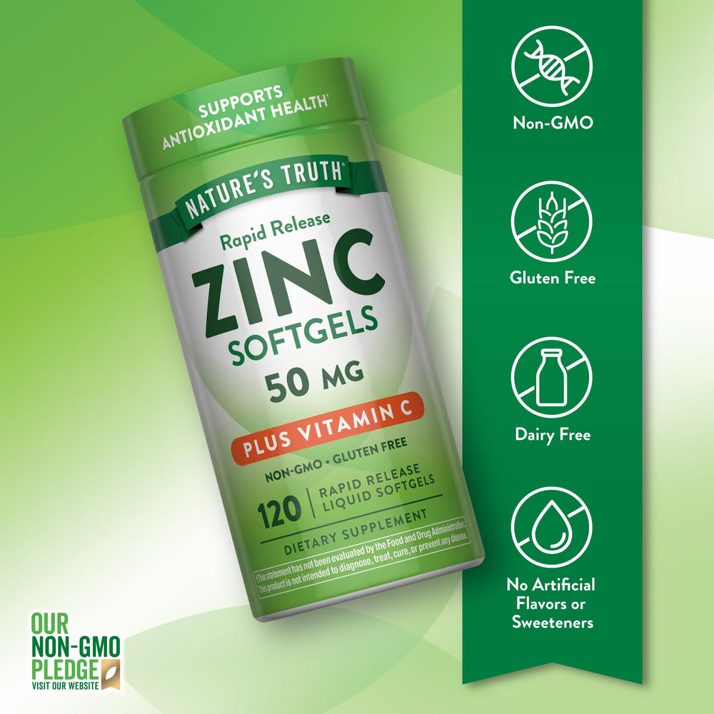 Nature's Truth botella abierta con 120 softgels mostrando cantidad disponible