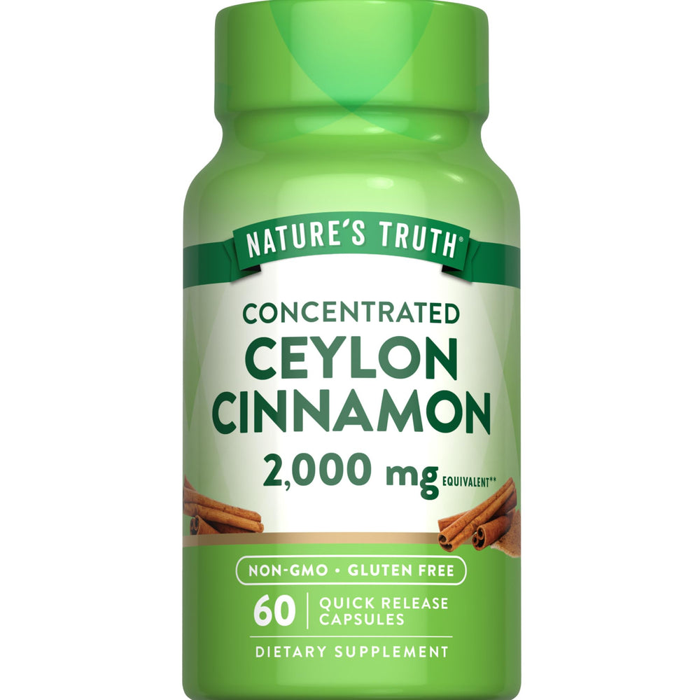 Nature's Truth envase frontal de Ceylon Cinnamon que muestra la marca y beneficios