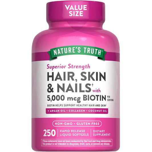 Nature's Truth frontal del envase mostrando 250 softgels y beneficios