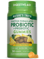 Nature's Truth probiotic gummies adults bottle view shows daily dose in a vegan, gluten-free formula.