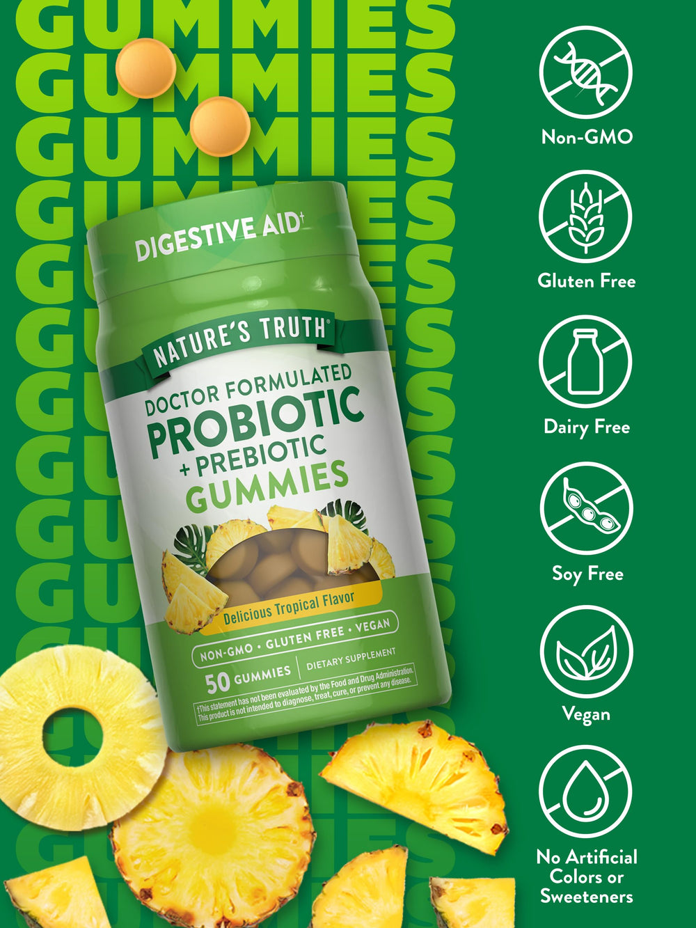 Nature's Truth probiotic gummies closeup emphasizing tropical flavor and plant-based ingredients.