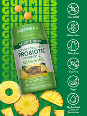 Nature's Truth probiotic gummies closeup emphasizing tropical flavor and plant-based ingredients.