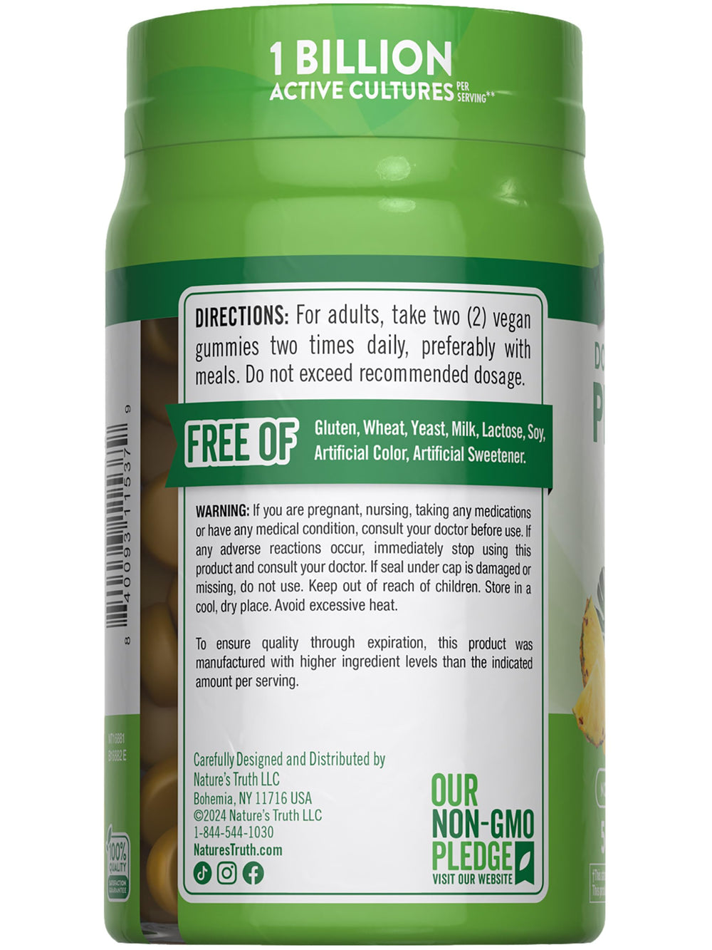 Nature's Truth probiotic gummies vegan-non-gmo badge signals dietary-friendly option.