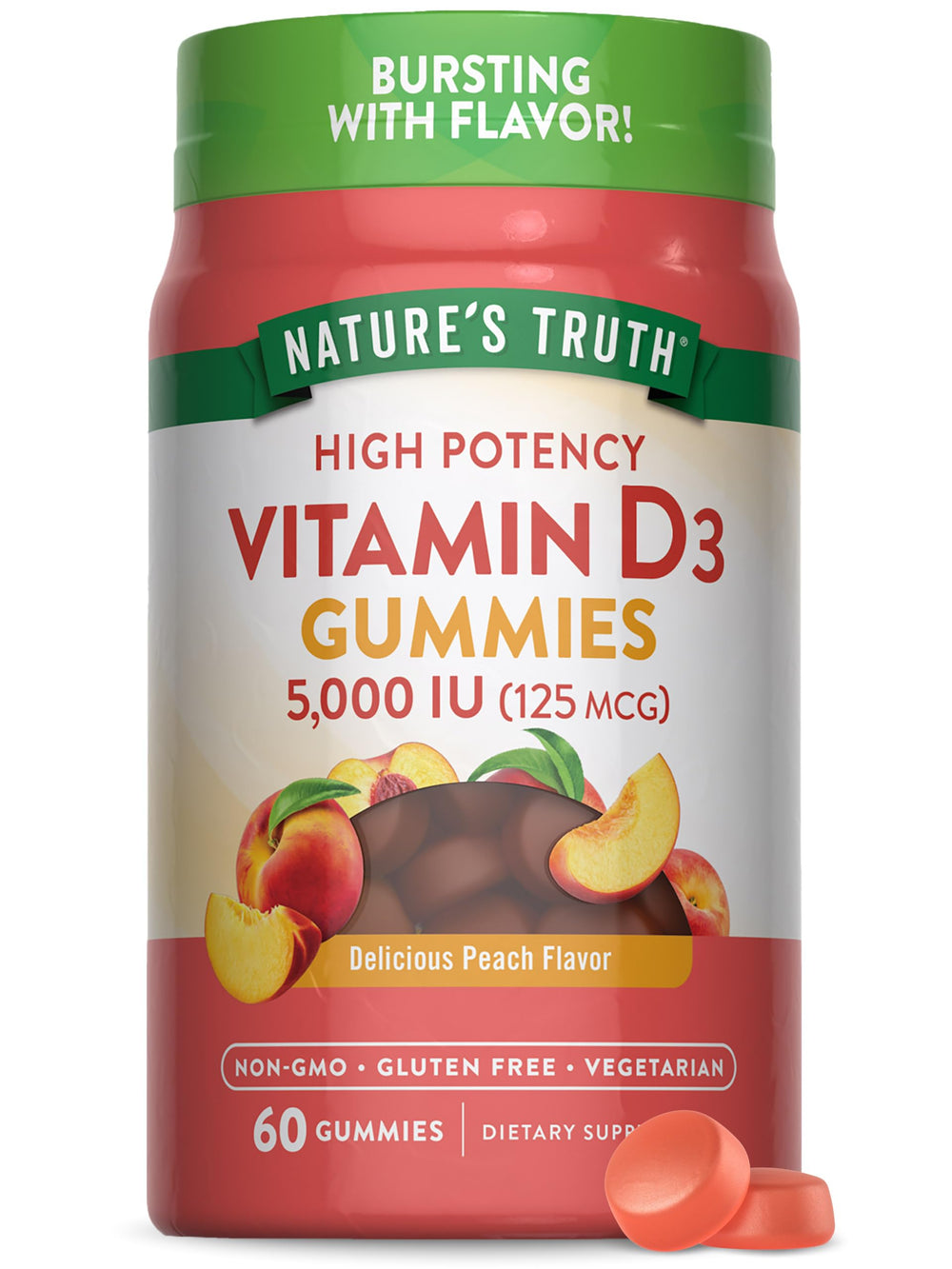 Nature's Truth frasco frontal mostrando 60 gomitas y dosis clara