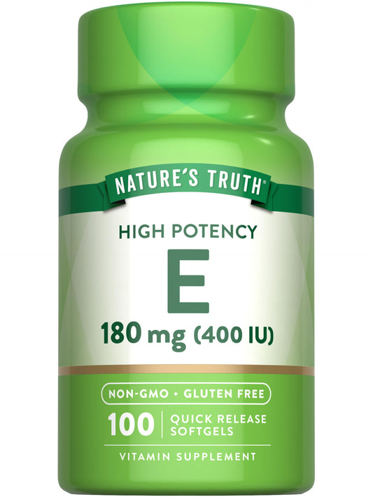 Nature's Truth frasco frontal mostrando Vitamina E 400 IU y ventajas de dosis alta