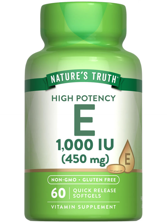 Nature's Truth frasco frontal que muestra la vitamina E y facilidad de uso