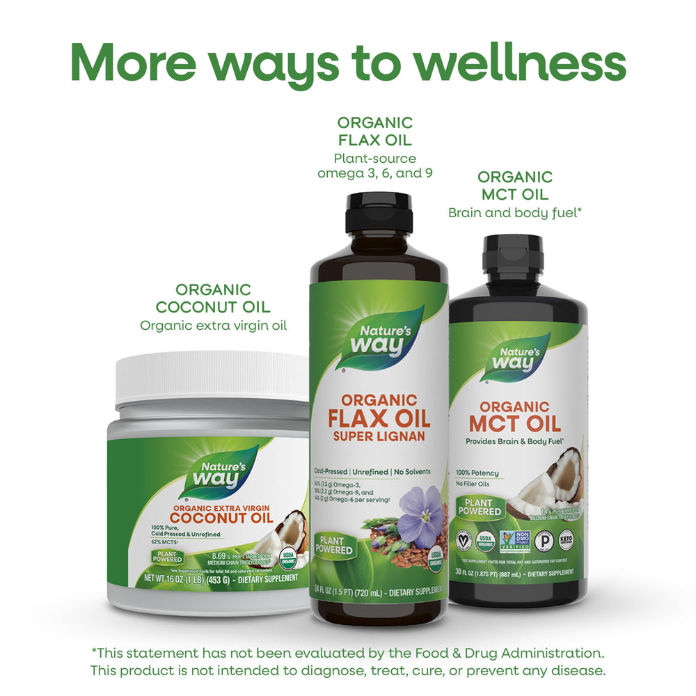 Nature's Way botella abierta y vertiendo aceite, uso práctico y dosificación sencilla