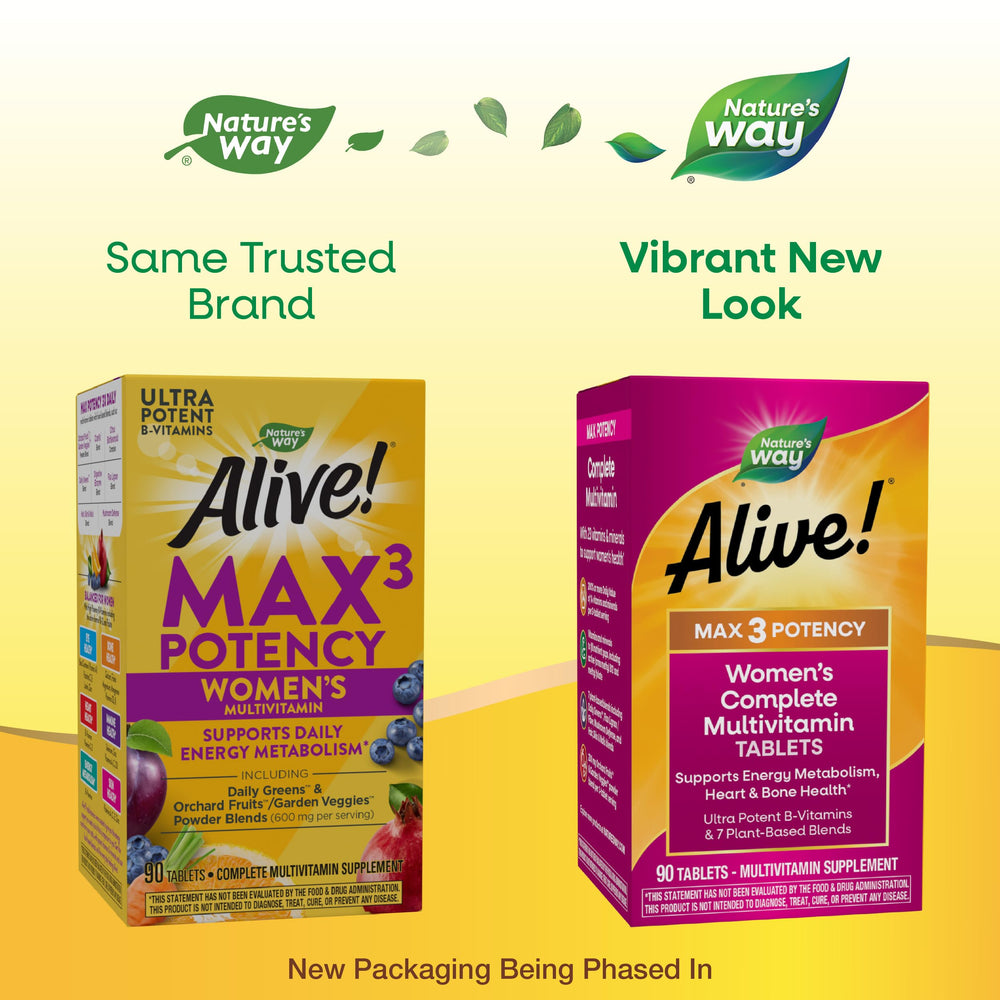 Nature's Way tabletas Alive Max3 en primer plano, textura fácil de tragar y absorción
